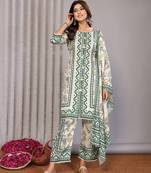 Off white & forest green linen floral & geomatric printed straight round neck kurta set