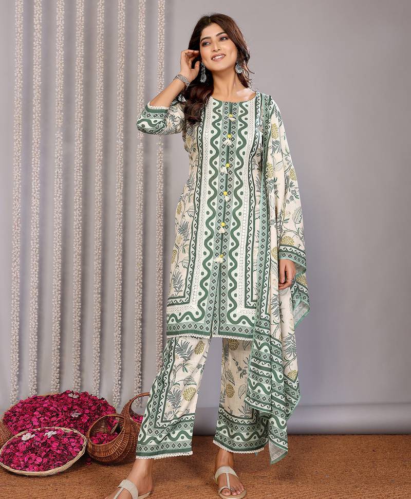 Off white & forest green linen floral & geomatric printed straight round neck kurta set