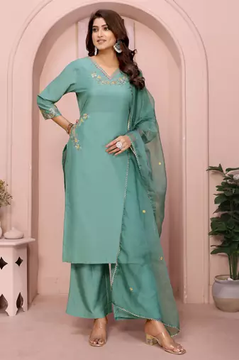 Aqua blue chinon plain embroidery straight kurta set