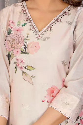 Cream chanderi floral printed straight kurta set