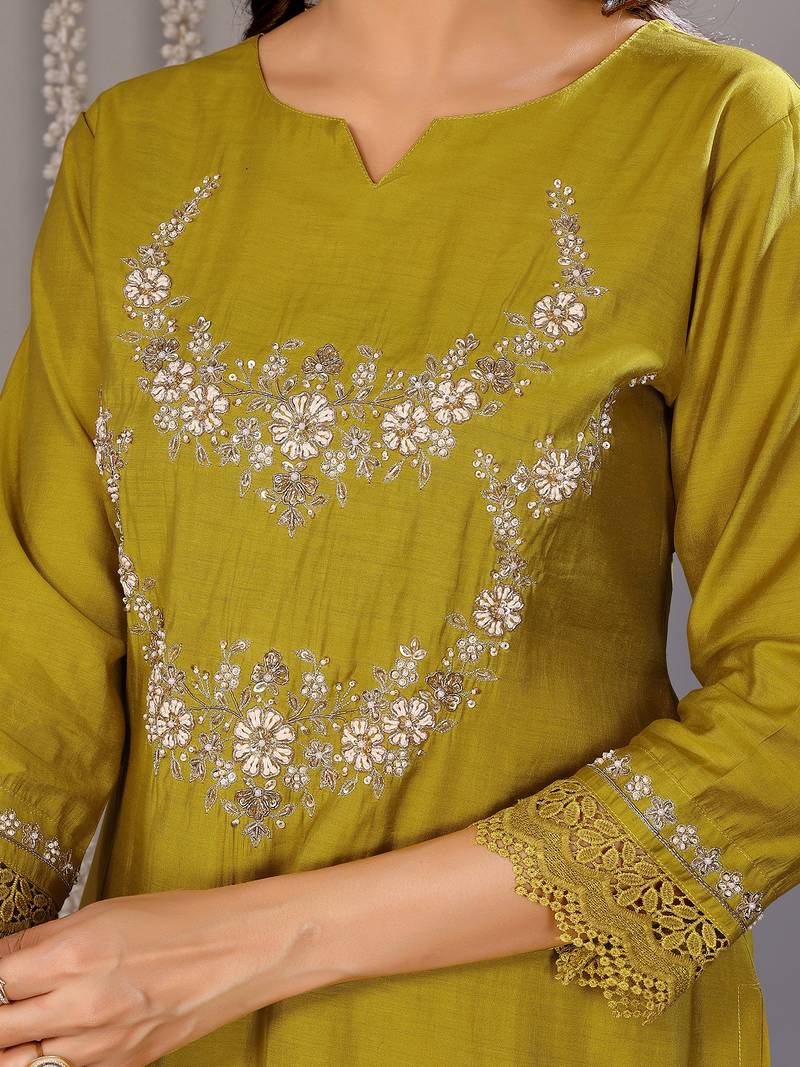 Olive green roman floral embroidery straight neck kurta set