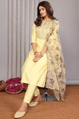 Pale yellow roman yoke embroidery straight neck kurta set