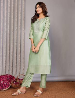Pista green chanderi plain embroidery straight neck kurta set 1