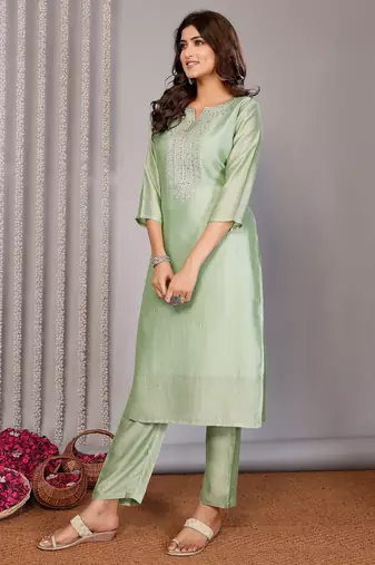 Pista green chanderi plain embroidery straight neck kurta set