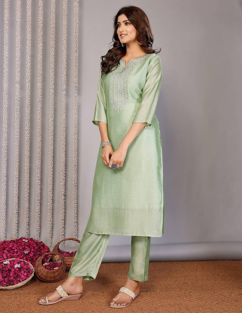 Pista green chanderi plain embroidery straight neck kurta set