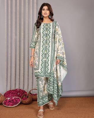 Off white & forest green linen floral & geomatric printed straight round neck kurta set 3
