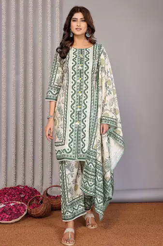 Off white & forest green linen floral & geomatric printed straight round neck kurta set