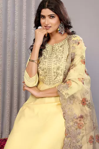 Pale yellow roman yoke embroidery straight neck kurta set