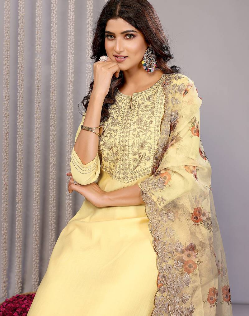 Pale yellow roman yoke embroidery straight neck kurta set
