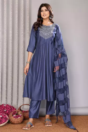 blue pure cotton yoke embroidery flared a line round neck kurta set