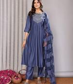 blue pure cotton yoke embroidery flared a line round neck kurta set