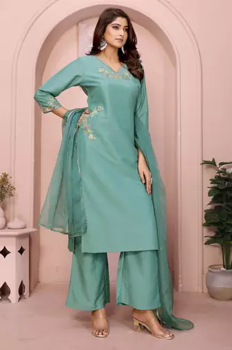 Aqua blue chinon plain embroidery straight kurta set