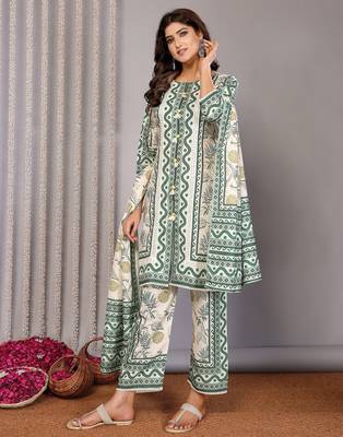 Off white & forest green linen floral & geomatric printed straight round neck kurta set 4