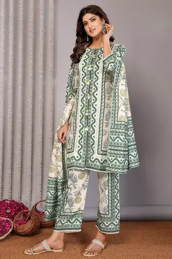 Off white & forest green linen floral & geomatric printed straight round neck kurta set