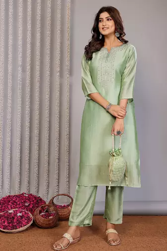 Pista green chanderi plain embroidery straight neck kurta set