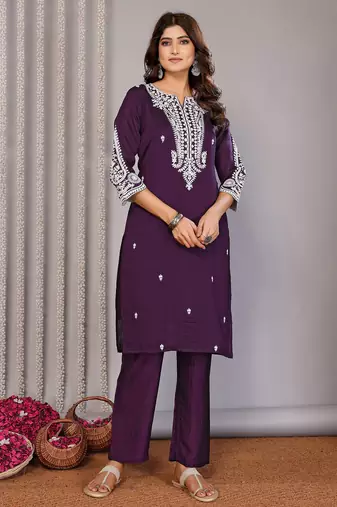Wine vichitra silk chikankari embroidery straight neck kurta set