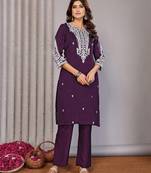 Wine vichitra silk chikankari embroidery straight neck kurta set