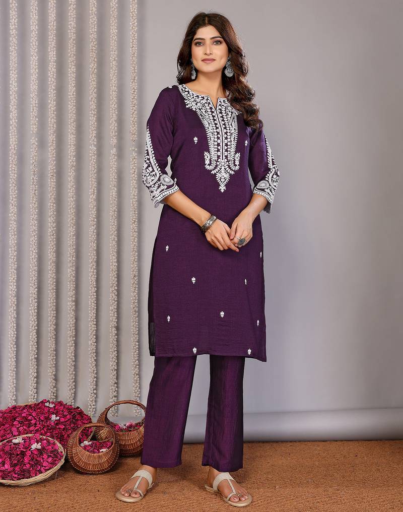 Wine vichitra silk chikankari embroidery straight neck kurta set
