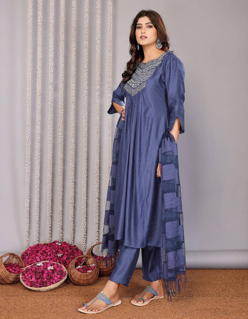 blue pure cotton yoke embroidery flared a line round neck kurta set