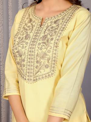 Pale yellow roman yoke embroidery straight neck kurta set 6