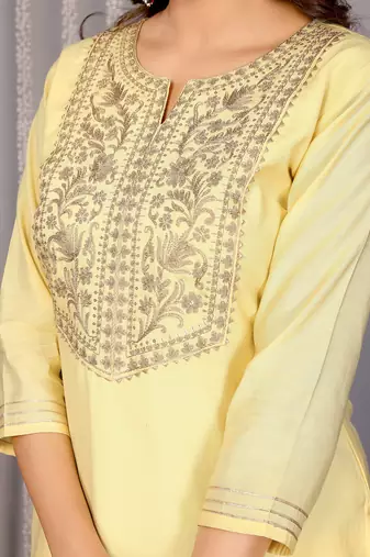 Pale yellow roman yoke embroidery straight neck kurta set