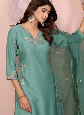 Aqua blue chinon plain embroidery straight kurta set 5