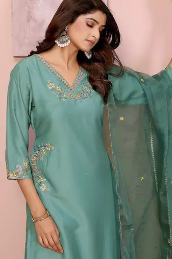Aqua blue chinon plain embroidery straight kurta set