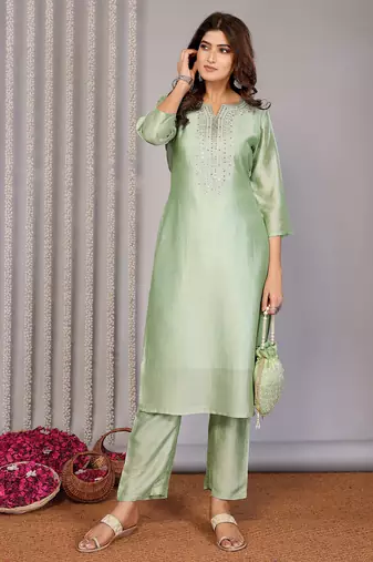 Pista green chanderi plain embroidery straight neck kurta set