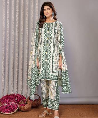Off white & forest green linen floral & geomatric printed straight round neck kurta set 5