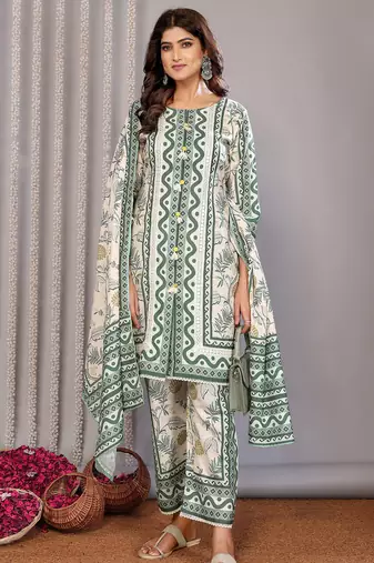 Off white & forest green linen floral & geomatric printed straight round neck kurta set