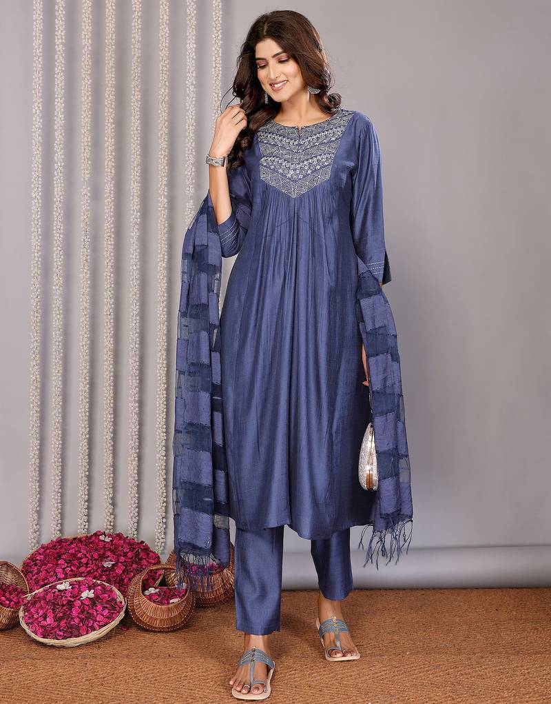 blue pure cotton yoke embroidery flared a line round neck kurta set