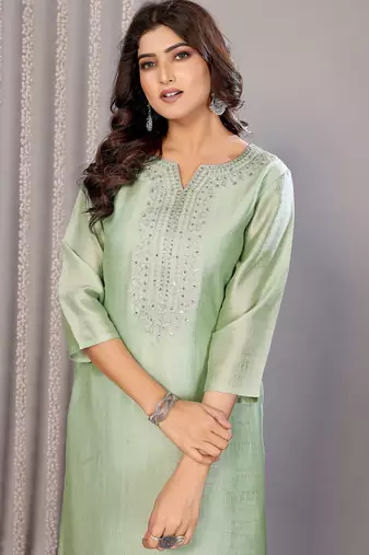 Pista green chanderi plain embroidery straight neck kurta set