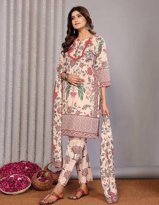 Cream linen floral printed straight neck kurta set 1