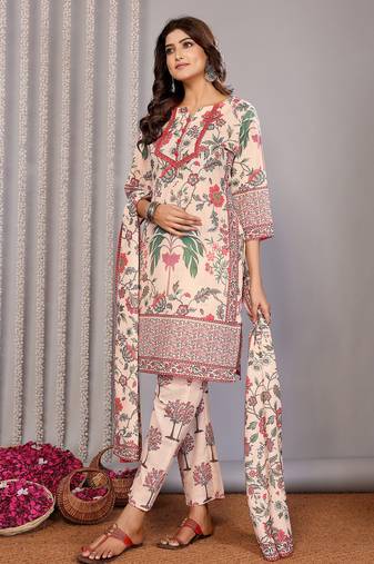 Cream linen floral printed straight neck kurta set