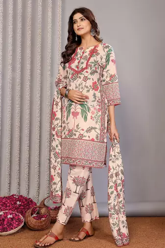 Cream linen floral printed straight neck kurta set
