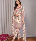 Cream linen floral printed straight neck kurta set