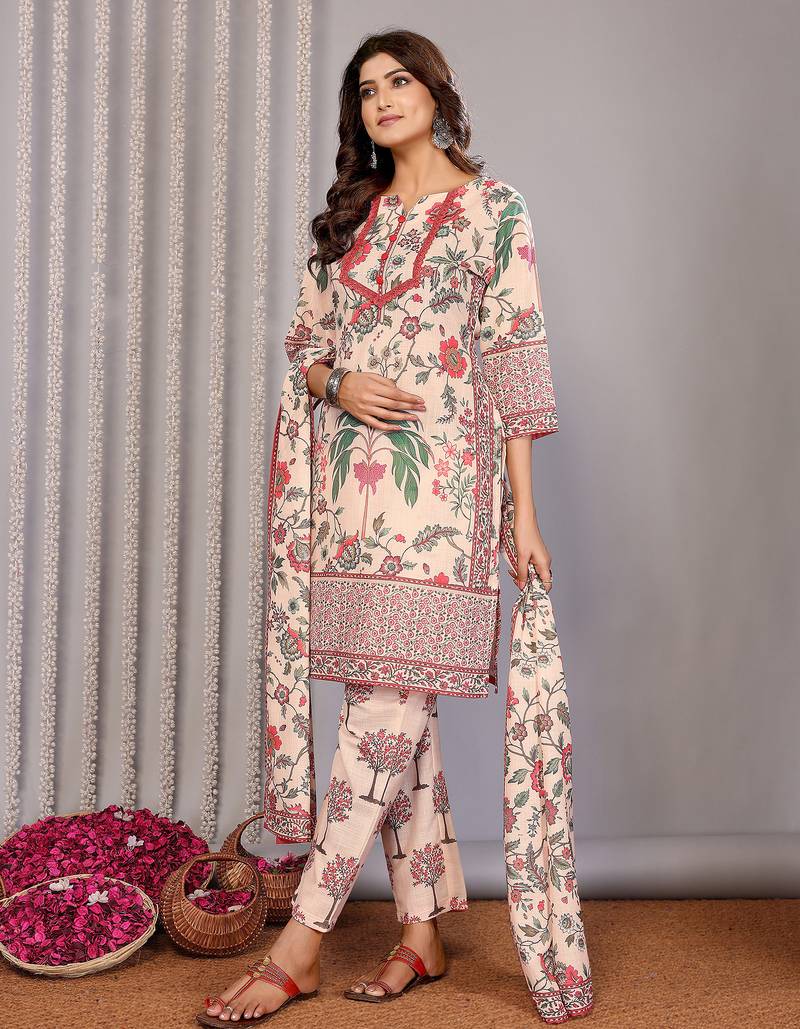 Cream linen floral printed straight neck kurta set