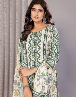 Off white & forest green linen floral & geomatric printed straight round neck kurta set 6