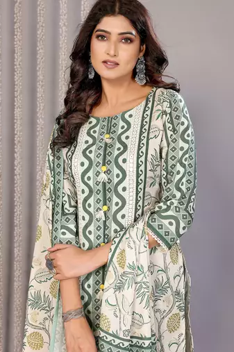 Off white & forest green linen floral & geomatric printed straight round neck kurta set