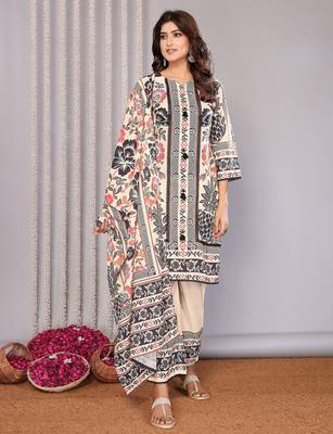 Cream linen floral printed straight neck kurta set 1