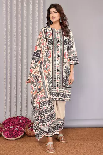 Cream linen floral printed straight neck kurta set
