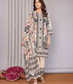 Cream linen floral printed straight neck kurta set