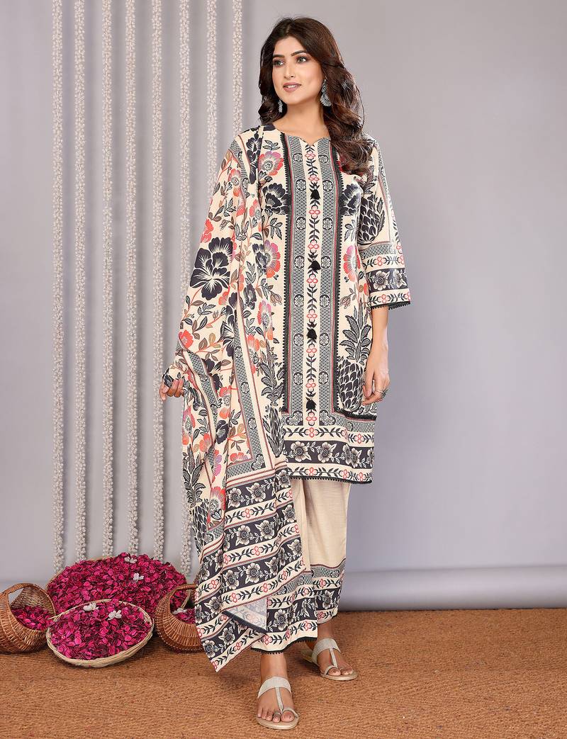 Cream linen floral printed straight neck kurta set