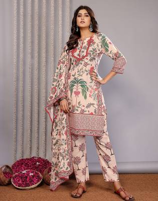 Cream linen floral printed straight neck kurta set 3