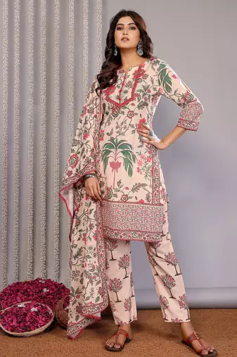 Cream linen floral printed straight neck kurta set