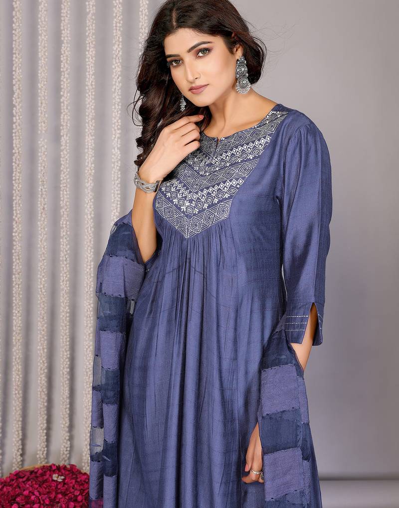 blue pure cotton yoke embroidery flared a line round neck kurta set