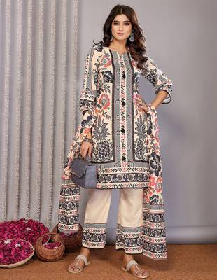 Cream linen floral printed straight neck kurta set 3