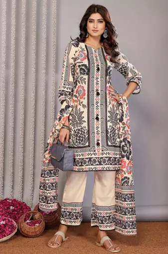 Cream linen floral printed straight neck kurta set