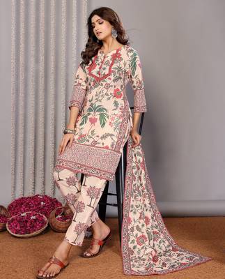 Cream linen floral printed straight neck kurta set 4