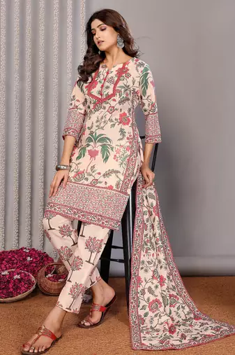 Cream linen floral printed straight neck kurta set
